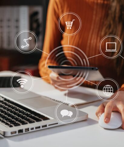 Digital marketing media in virtual icon globe shape business open his hand, working touch screen tablet at home offce.